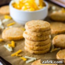 Stack of Cheddar Cheese Coins on baking sheet lined with parchment with white bowl filled with shredded cheddar cheese.