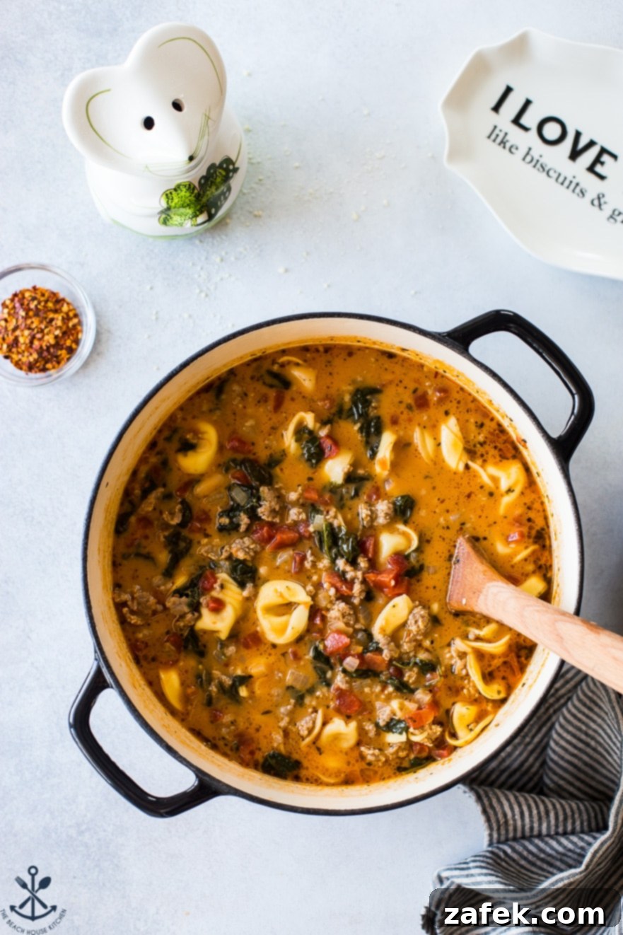 Overhead photo of a large Dutch oven filled with the mouthwatering tomato tortellini stew, ready to be served.