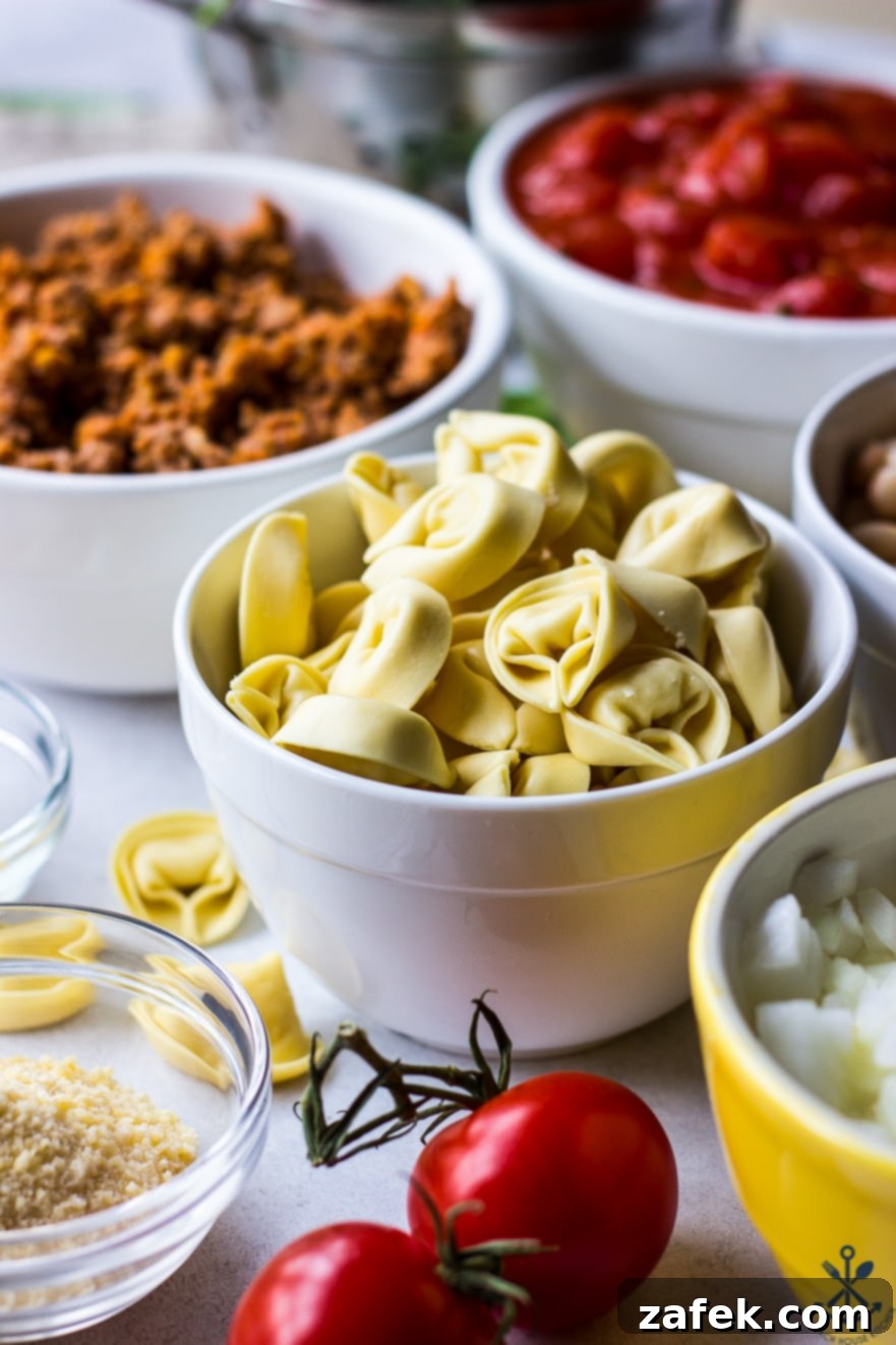 Close-up photo of ingredients for tomato tortellini stew in white bowls, with a particular focus on the raw cheese tortellini.