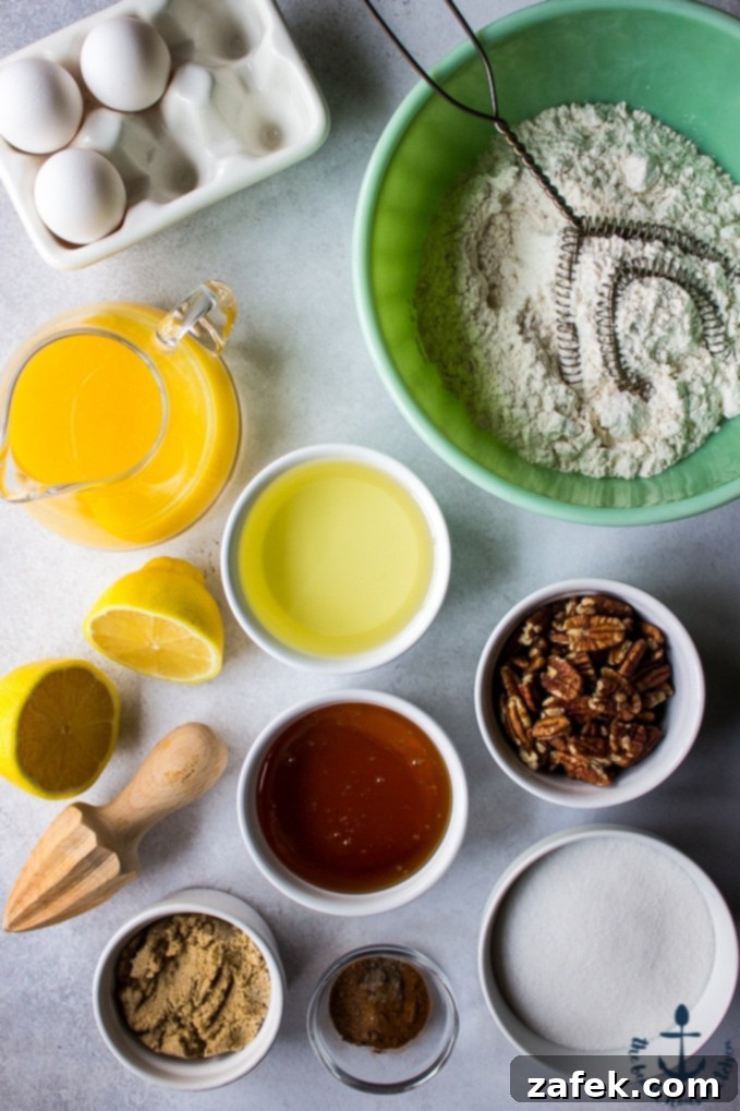 Honey-Pecan-Bundt-Cake Ingredients for Honey Pecan Bundt Cake in bowls.