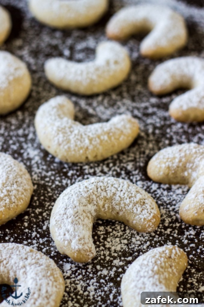 Freshly baked Almond Crescents cooling on a dark baking sheet, lightly dusted with confectioners' sugar, showcasing their perfect golden-brown finish.