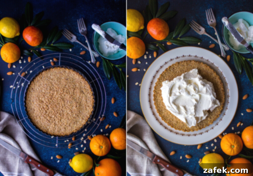 A diptych showing a golden-brown tart crust on one side and the same crust filled with creamy white mascarpone on the other