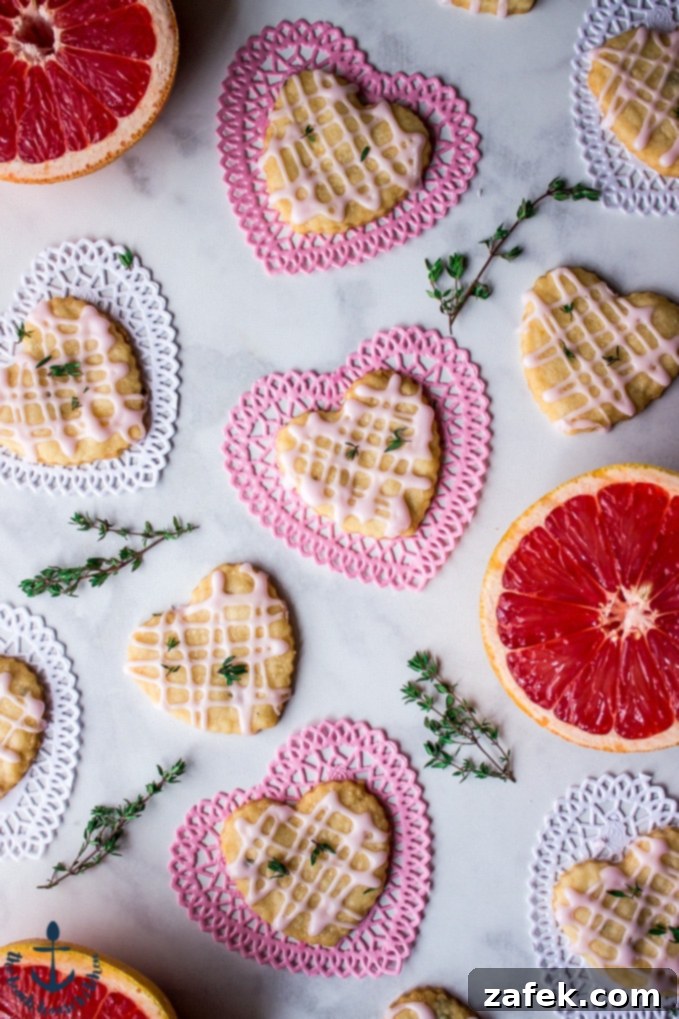 Close-up overhead shot of Pink Grapefruit and Thyme Shortbread Heart cookies beautifully arranged on festive pink and white Valentine heart doilies, adorned with fragrant sprigs of thyme and vibrant pink grapefruit segments, ready to be enjoyed.