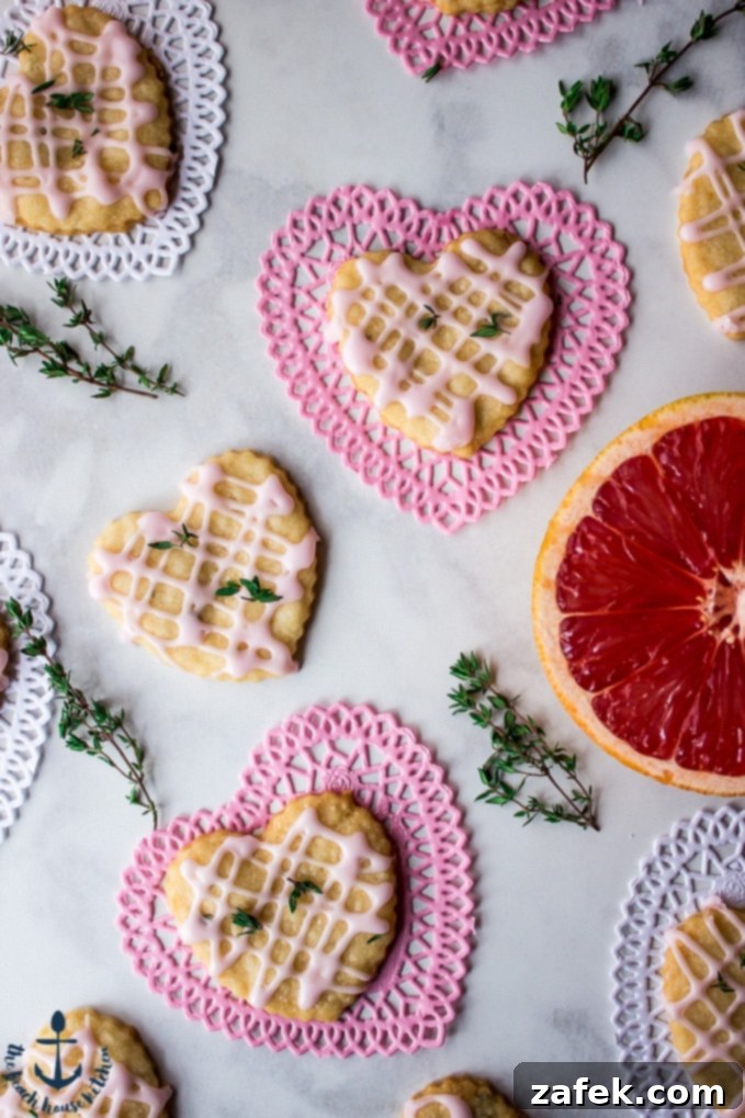 Elegant overhead presentation of freshly baked Pink Grapefruit and Thyme Shortbread Heart cookies, gracefully arranged on delicate heart-shaped doilies, with accents of fresh thyme sprigs and vibrant pink grapefruit slices.