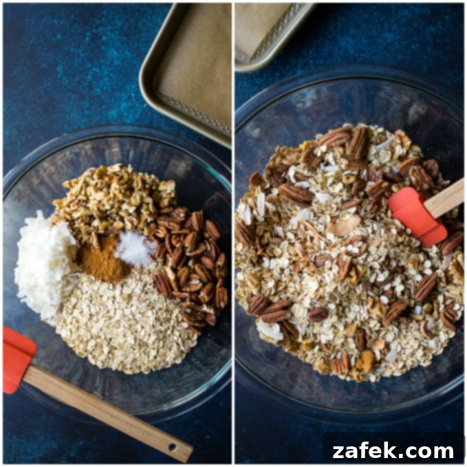 Carrot-Cake-Granola Overhead shot of oats, nuts coconut, cinnamon and salt in glass bowl.