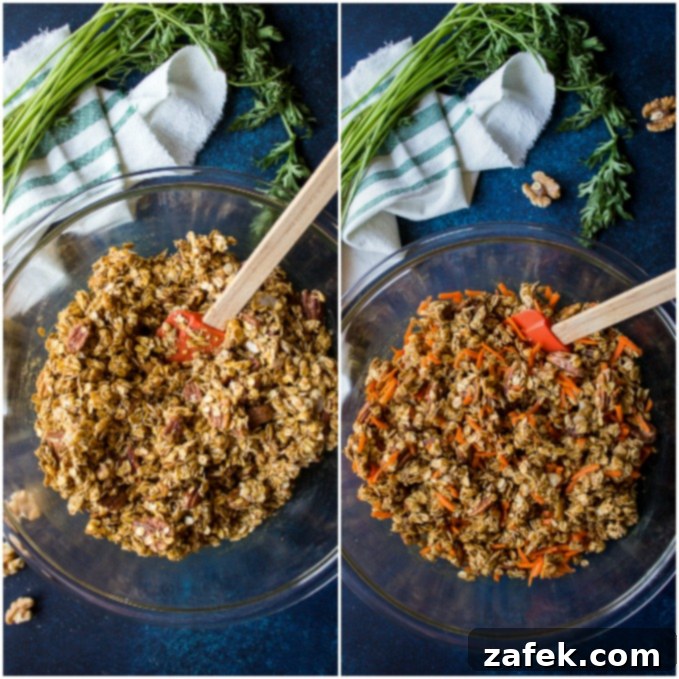 Carrot-Cake-Granola Overhead shots of ingredients for carrot cake granola mixed together.