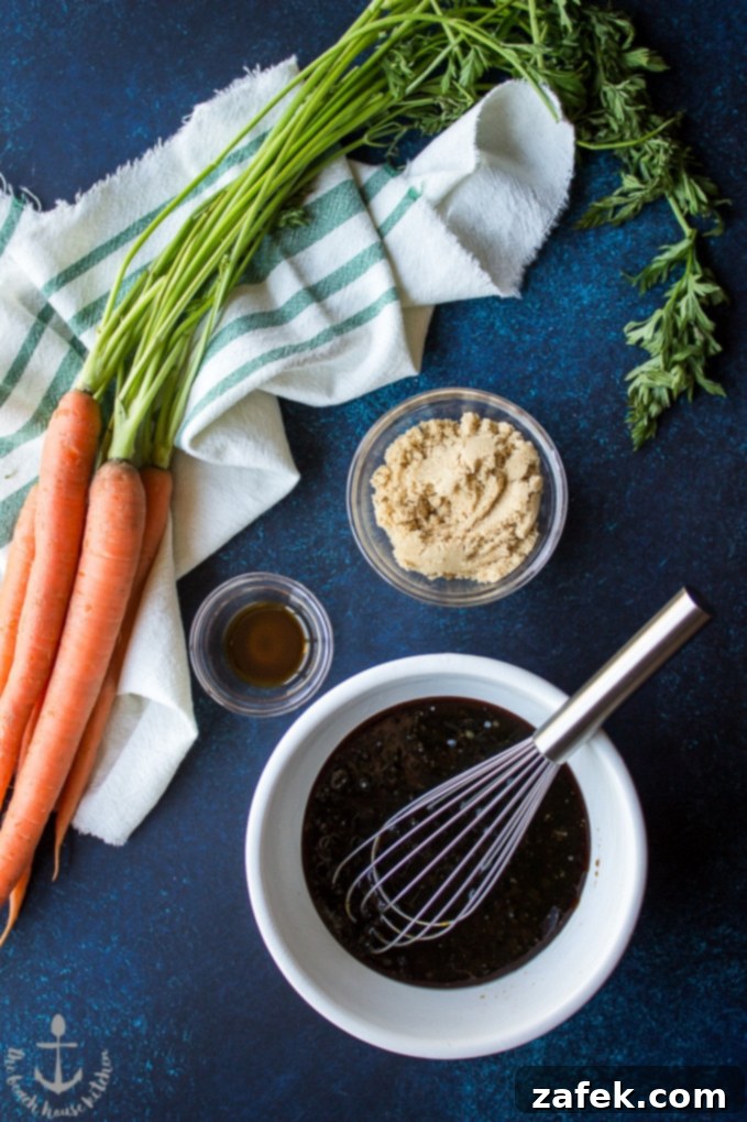Carrot-Cake-Granola Overhead shot of bunch of carrots with brown sugar and vanilla in small bowls with molasses mixture and whisk in medium bowl.