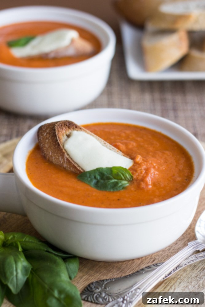 Comforting Tomato Basil Soup with Golden Cheese Toasts 2 Creamy Tomato Basil Soup with Golden Cheese Toasts, garnished with fresh basil