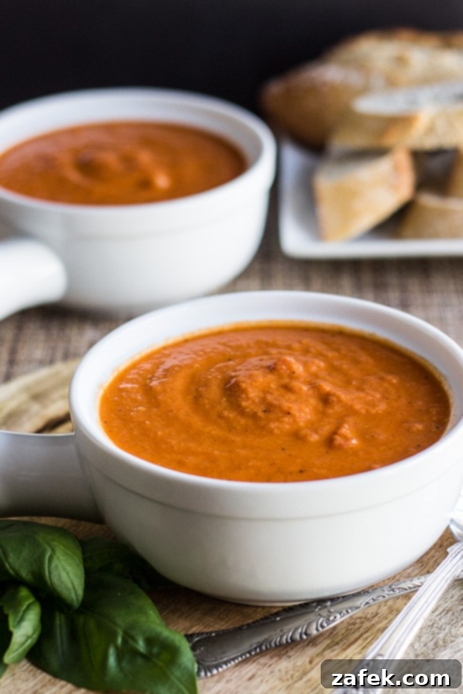 Comforting Tomato Basil Soup with Golden Cheese Toasts 5 A bowl of creamy tomato basil soup topped with fresh basil and served with cheese toasts on a wooden board