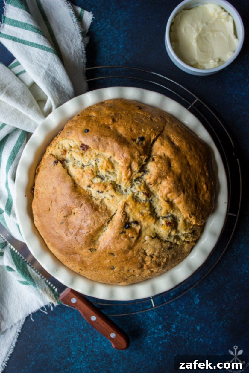 Overhead photo of an Irish Soda Bread in a pie plate