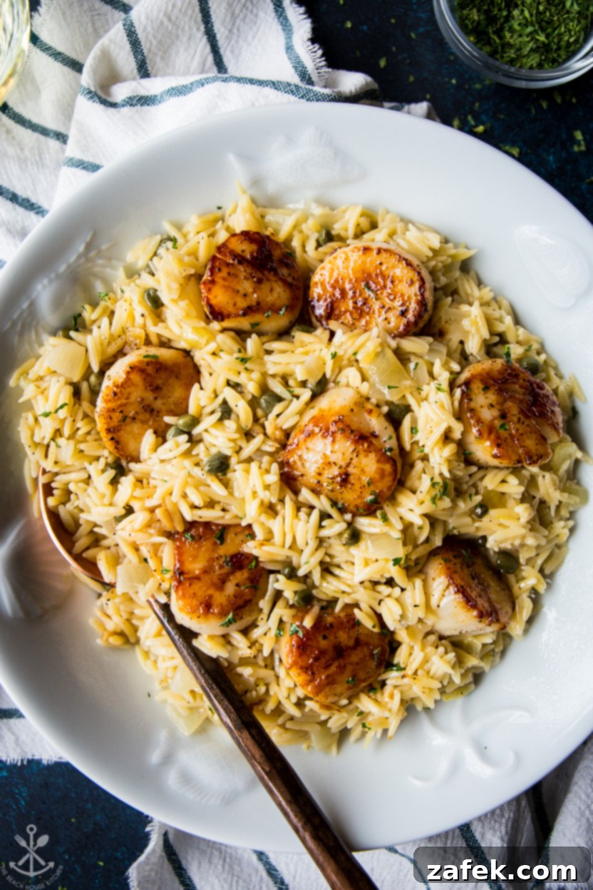 Pan-Seared Scallops with Zesty Orzo Piccata 2 Up close overhead photo of Pan Seared Scallops with Orzo Piccata in a white bowl