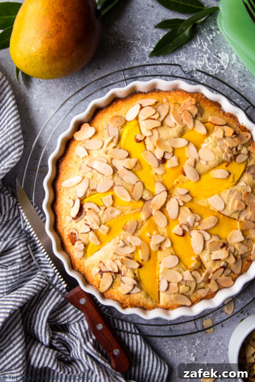 Up close overhead photo of a round Tropical Mango Almond Cake, showcasing the perfectly arranged mango slices and golden-brown almonds.