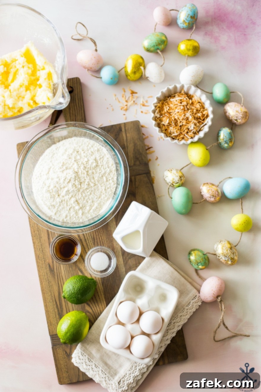Overhead photo of ingredients for bundt cake in bowls on a wooden board with Easter eggs off to the right side
