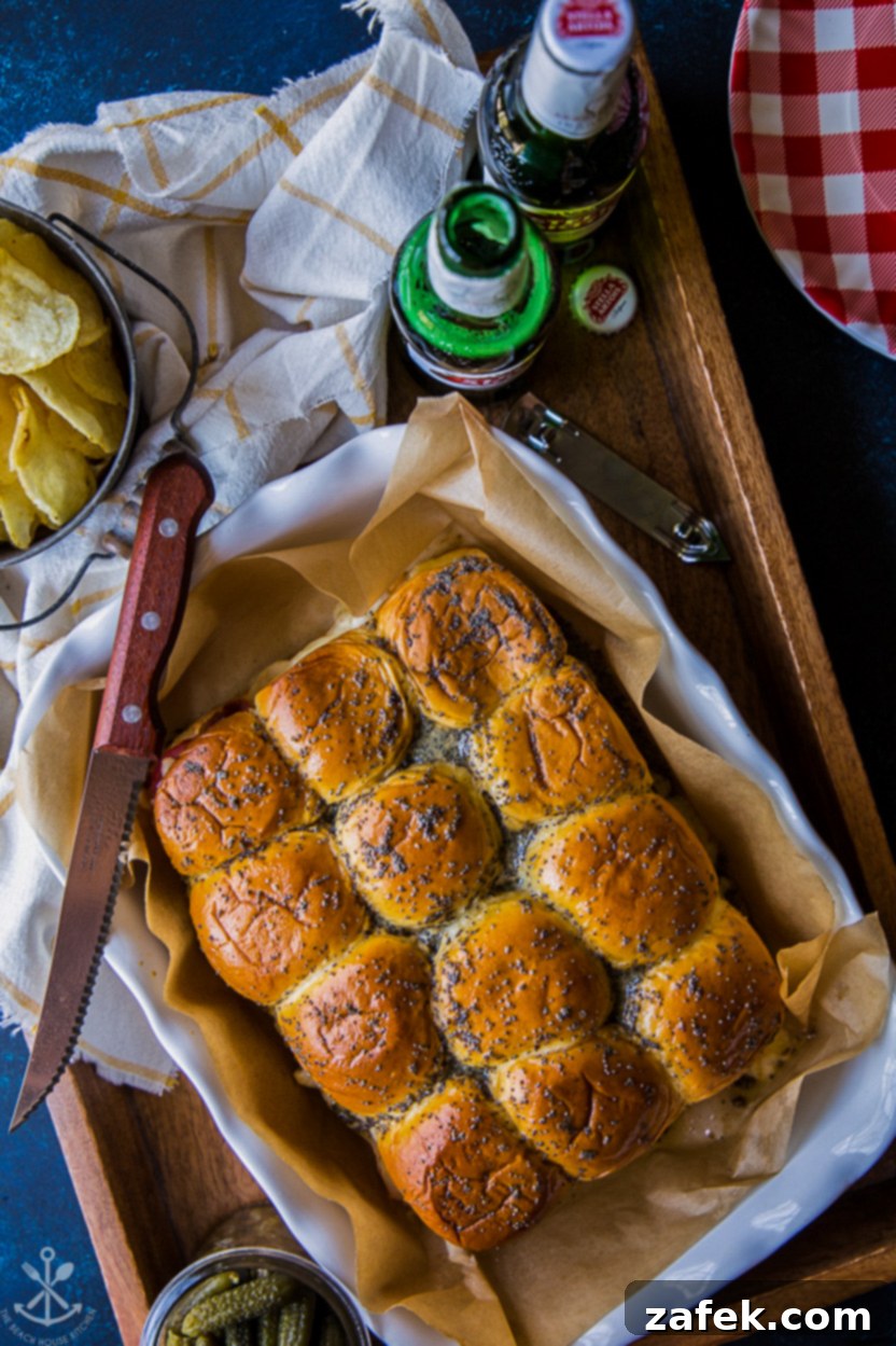 Southern Hot Brown Bites 7 Overhead photo of a baking dish of sliders in a white baking dish