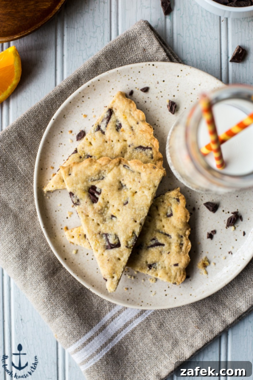 Chocolate Chunk Orange Shortbread - A close-up view Chocolate Chunk Orange Shortbread - Golden brown wedges with chocolate chunks