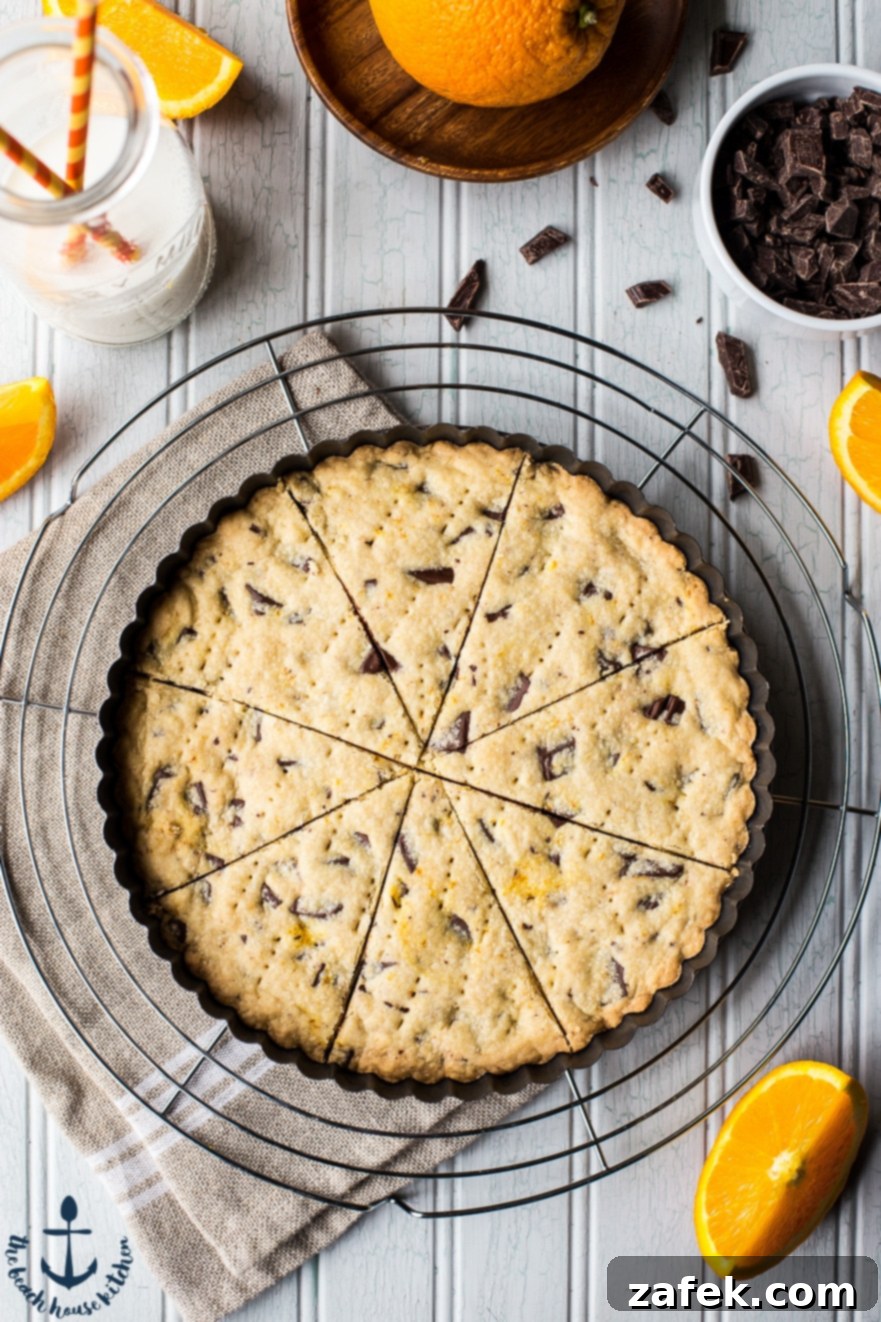 Chocolate Chunk Orange Shortbread - Ready to serve Chocolate Chunk Orange Shortbread - Stacked wedges on a plate