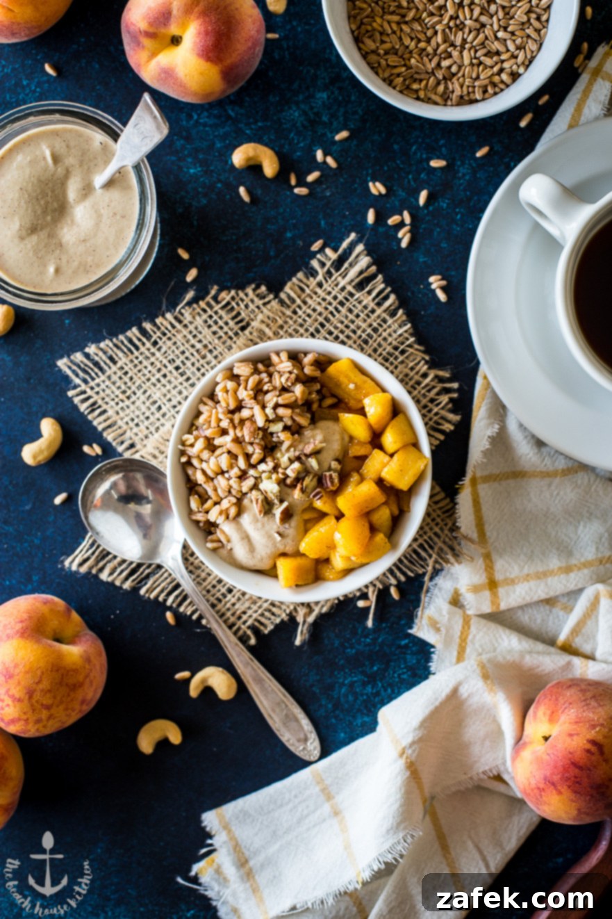 Farro Breakfast Bowl with Caramelized Peaches and Cinnamon Cashew Cream Farro Breakfast Bowl with Caramelized Peaches and Cinnamon Cashew Cream