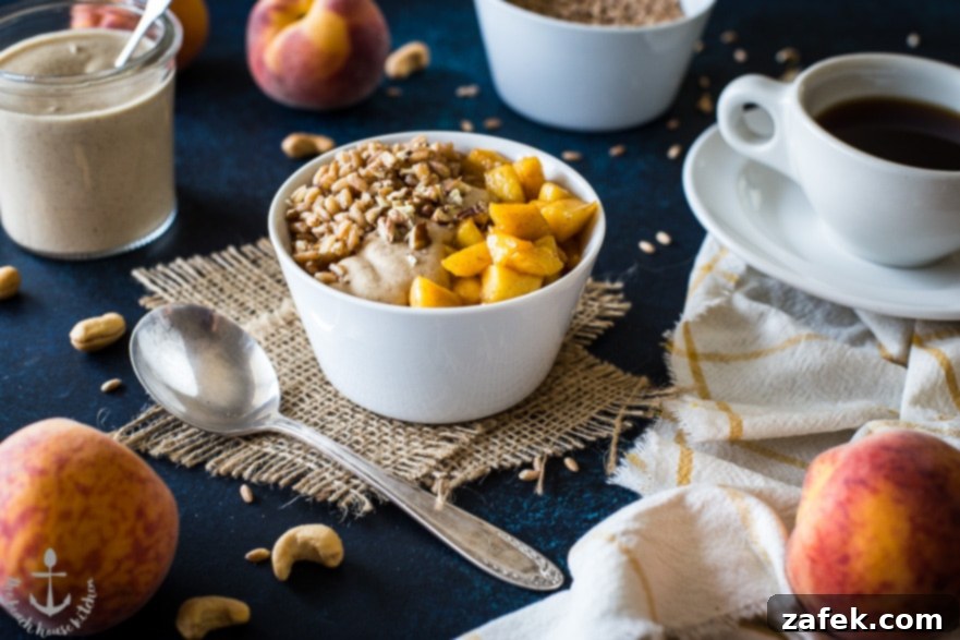 Farro Breakfast Bowl with Caramelized Peaches and Cinnamon Cashew Cream Farro Breakfast Bowl with Caramelized Peaches and Cinnamon Cashew Cream - Tenth image, overhead shot