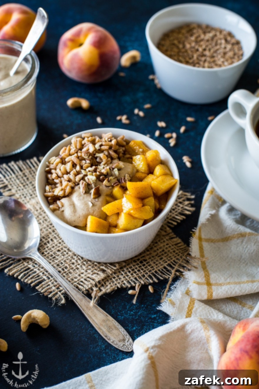 Farro Breakfast Bowl with Caramelized Peaches and Cinnamon Cashew Cream Farro Breakfast Bowl with Caramelized Peaches and Cinnamon Cashew Cream - Second image of dish