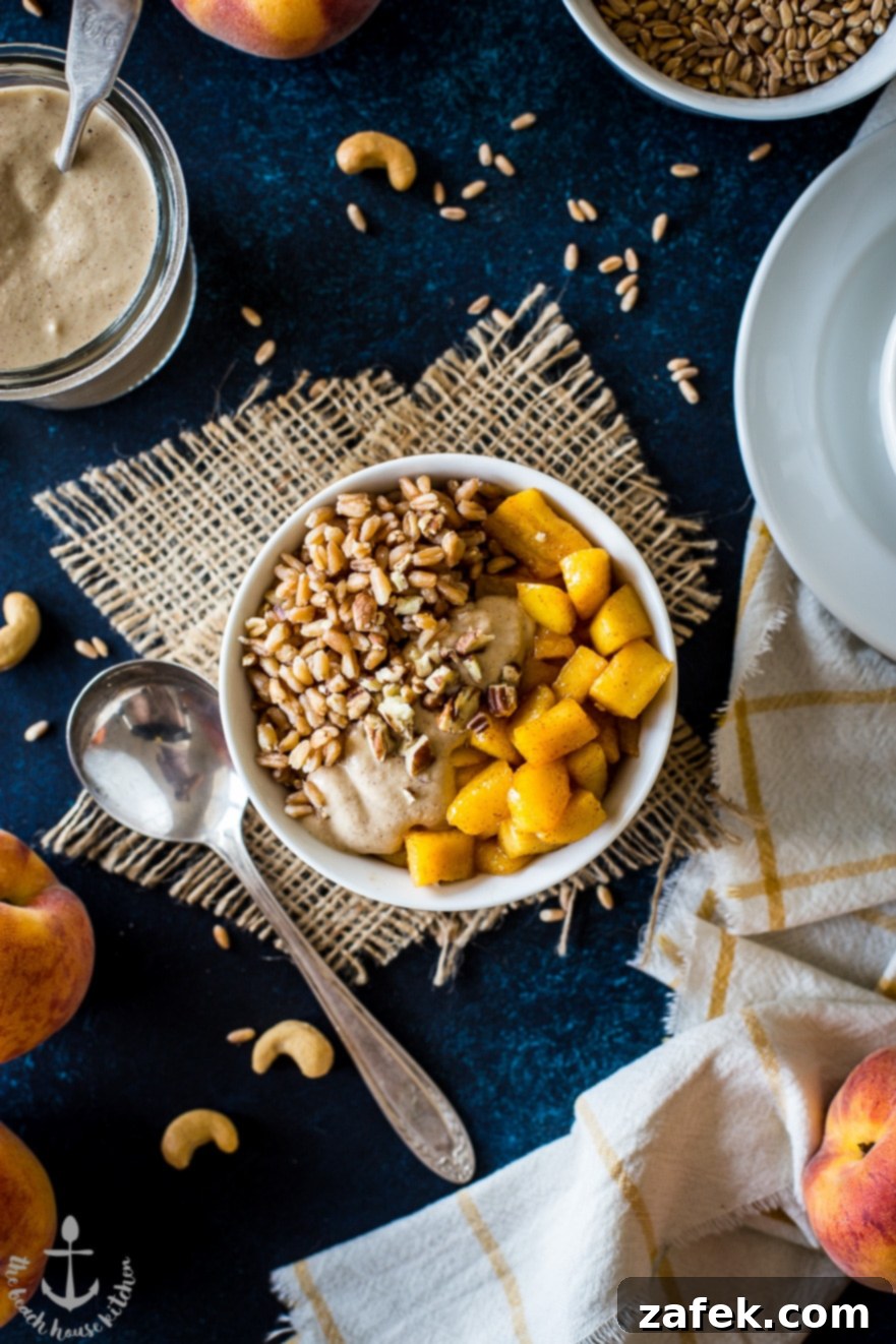 Farro Breakfast Bowl with Caramelized Peaches and Cinnamon Cashew Cream Farro Breakfast Bowl with Caramelized Peaches and Cinnamon Cashew Cream - Third image of dish