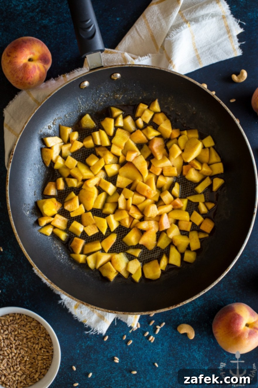 Wholesome Farro with Warm Caramel Peaches and Spiced Cashew Cream 2 Farro Breakfast Bowl with Caramelized Peaches and Cashew Cream - Ninth image, finished bowl