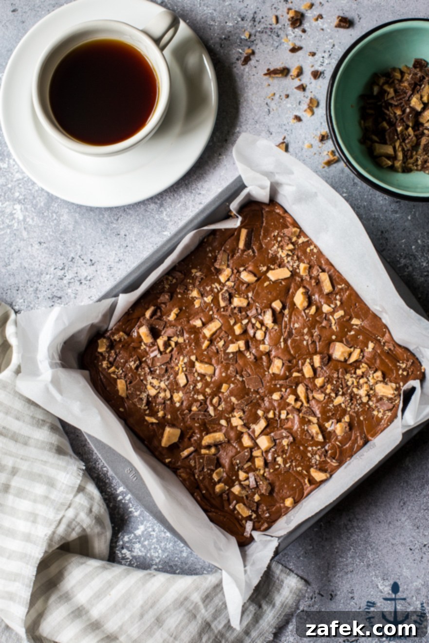 Mocha Toffee Fudge Mocha Toffee Fudge - Top view of a fresh batch ready for slicing