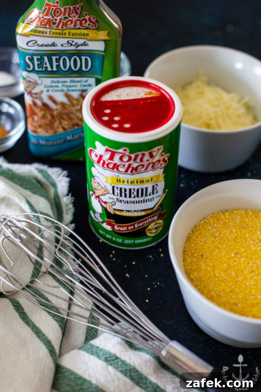 Creamy cheesy grits, the perfect base for zesty Cajun scallops.