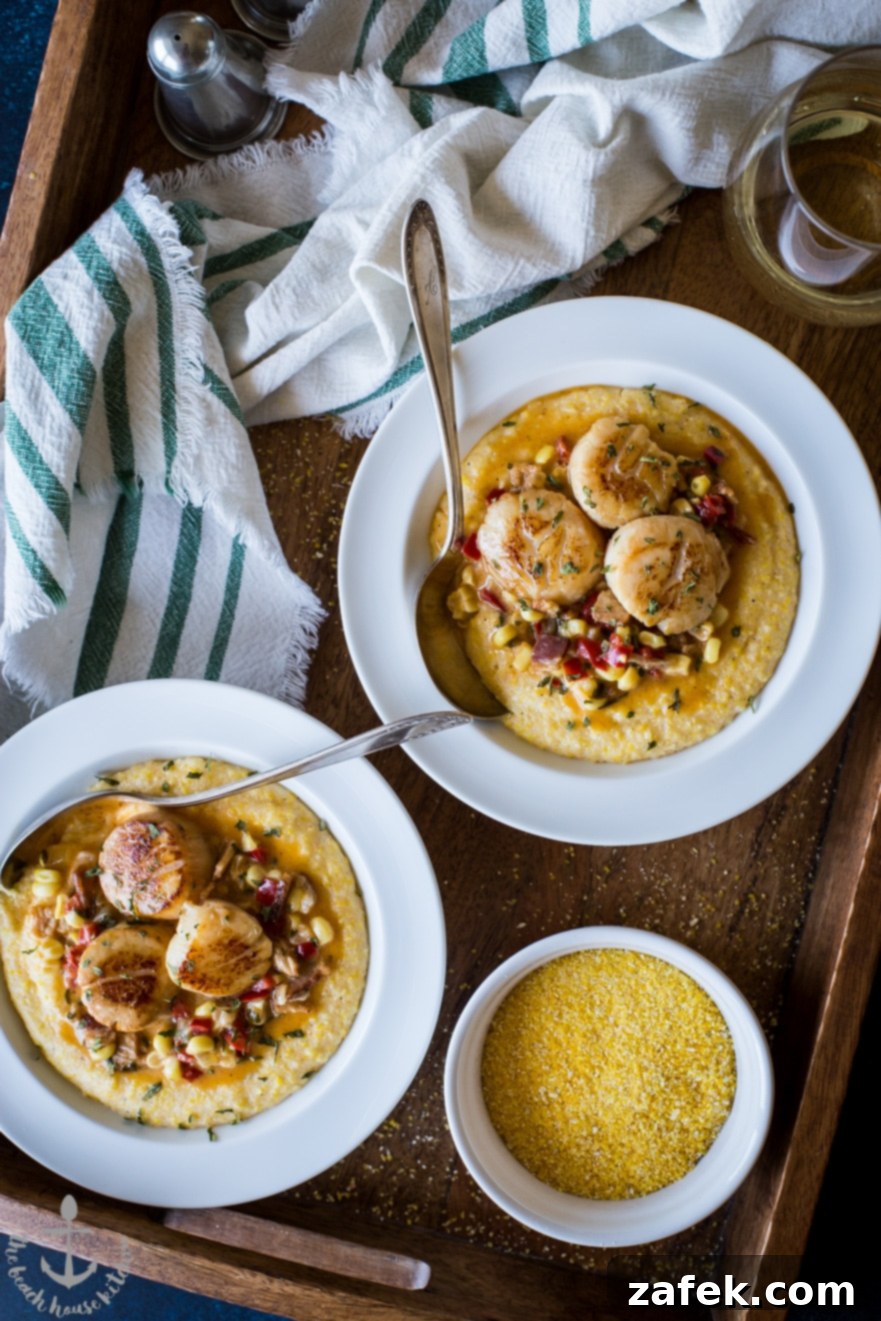 The finished dish: Cajun Scallops and Cheesy Grits, ready to be served.