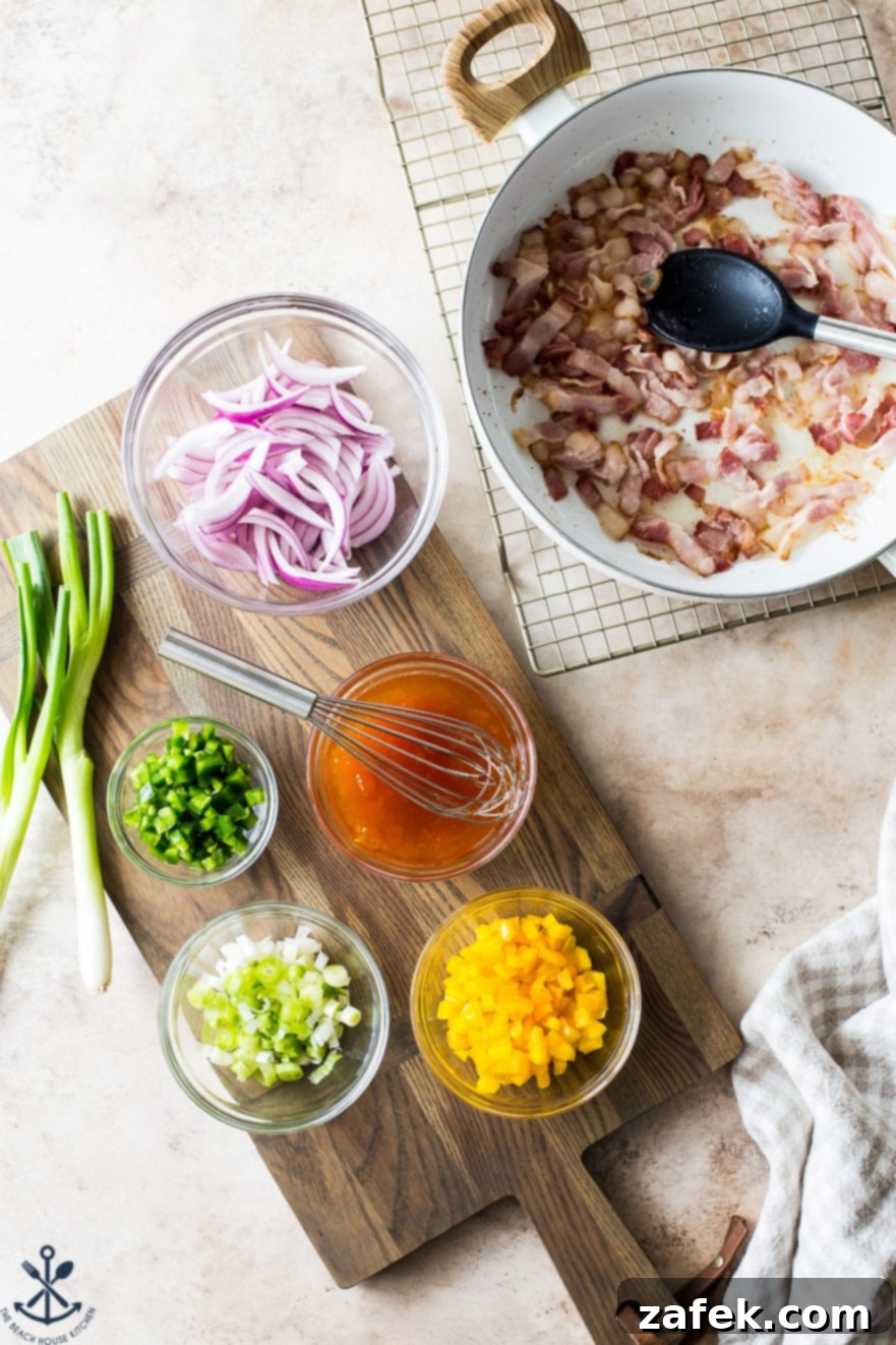 Fiery Sweet Potato Delight 4 Overhead photo of ingredients for spicy sweet potato salad in glass bowls and skillet