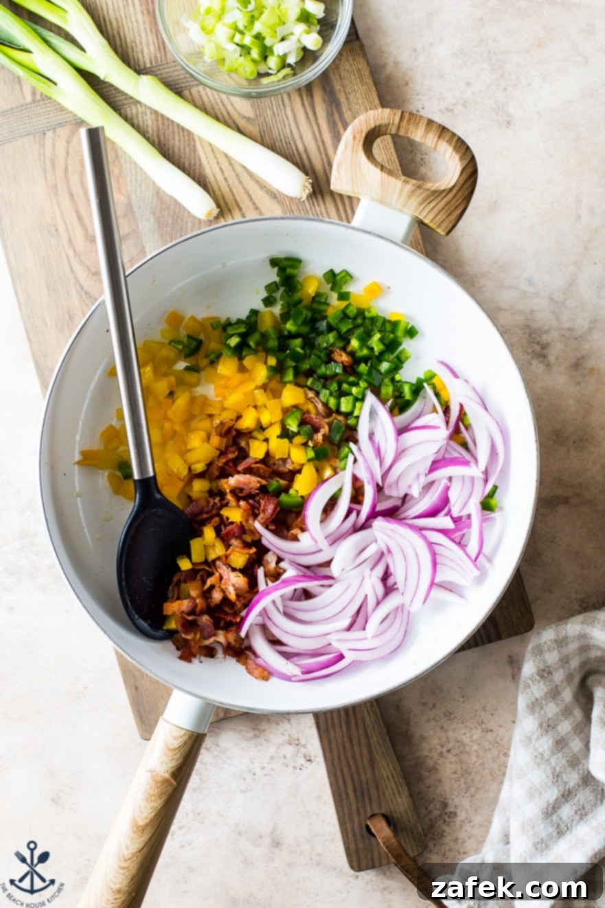 Fiery Sweet Potato Delight 6 Overhead photo of skillet filled with ingredients for spicy sweet potato salad