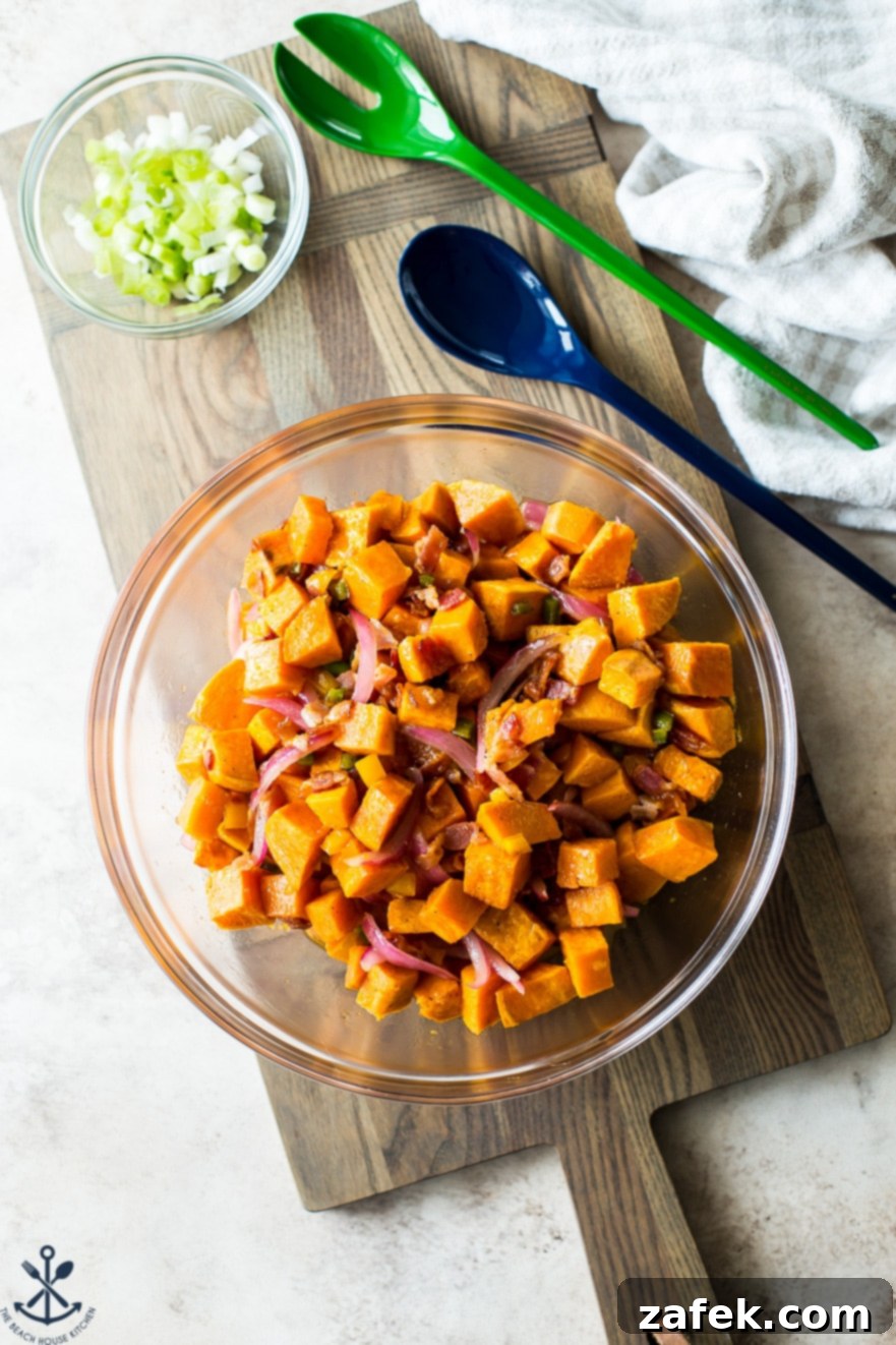 Fiery Sweet Potato Delight 7 Overhead photo of glass bowl filled with spicy sweet potato salad