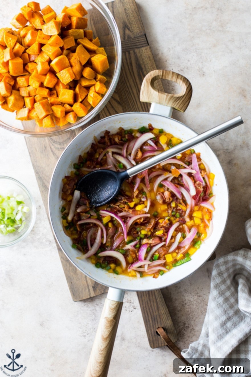 Fiery Sweet Potato Delight 9 Overhead photo of skillet and glass bowl filled with ingredients for spicy sweet potato salad