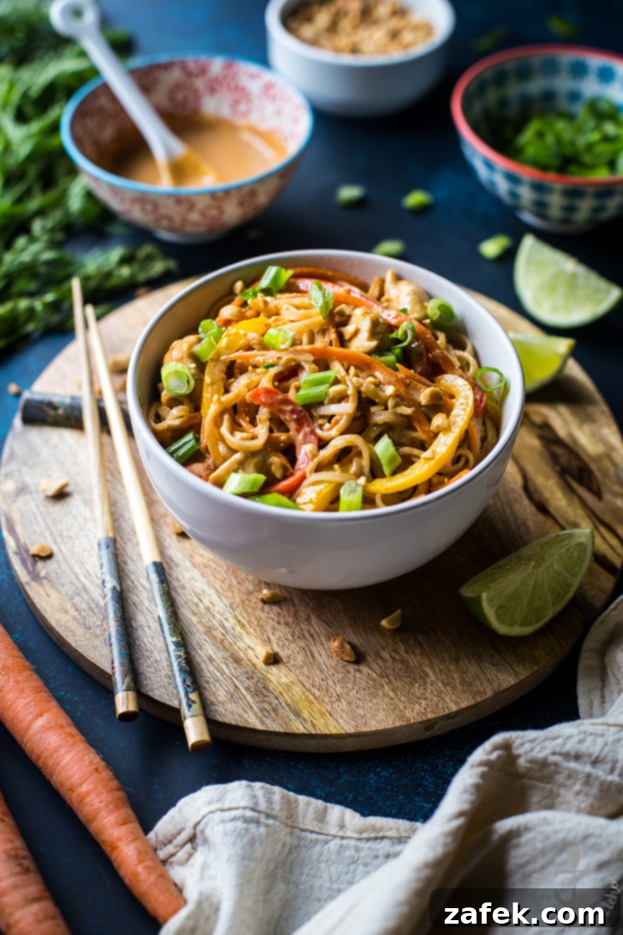 Chicken Noodle Stir-Fry with Spicy Thai Peanut Sauce - Top View