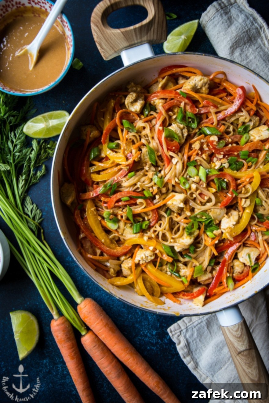 Chicken Noodle Stir-Fry with Spicy Thai Peanut Sauce - Close Up