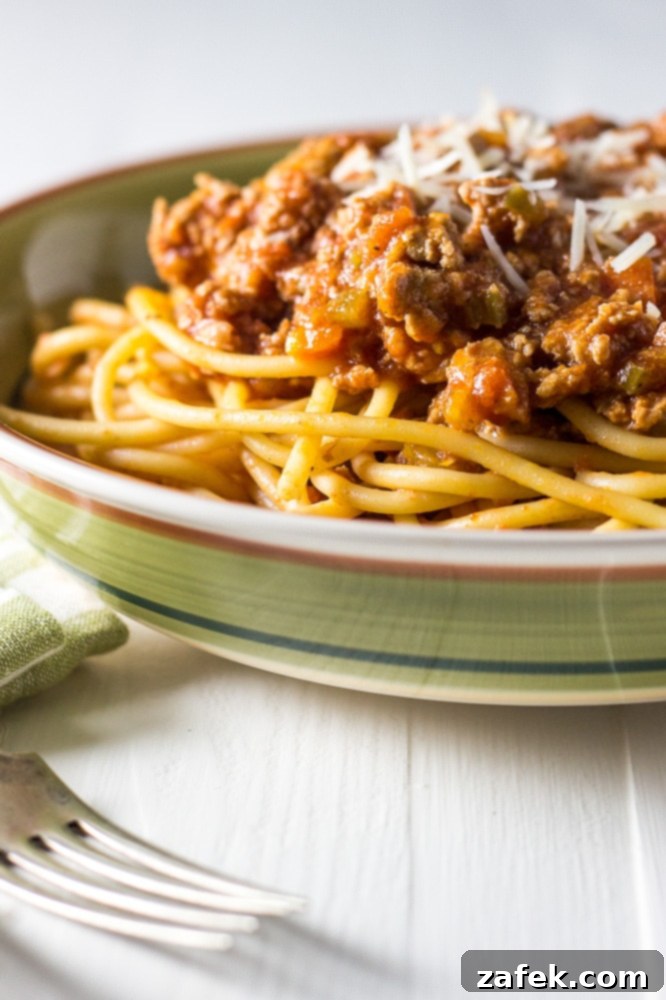 Bowl of Bucatini Bolognese with grated Parmesan