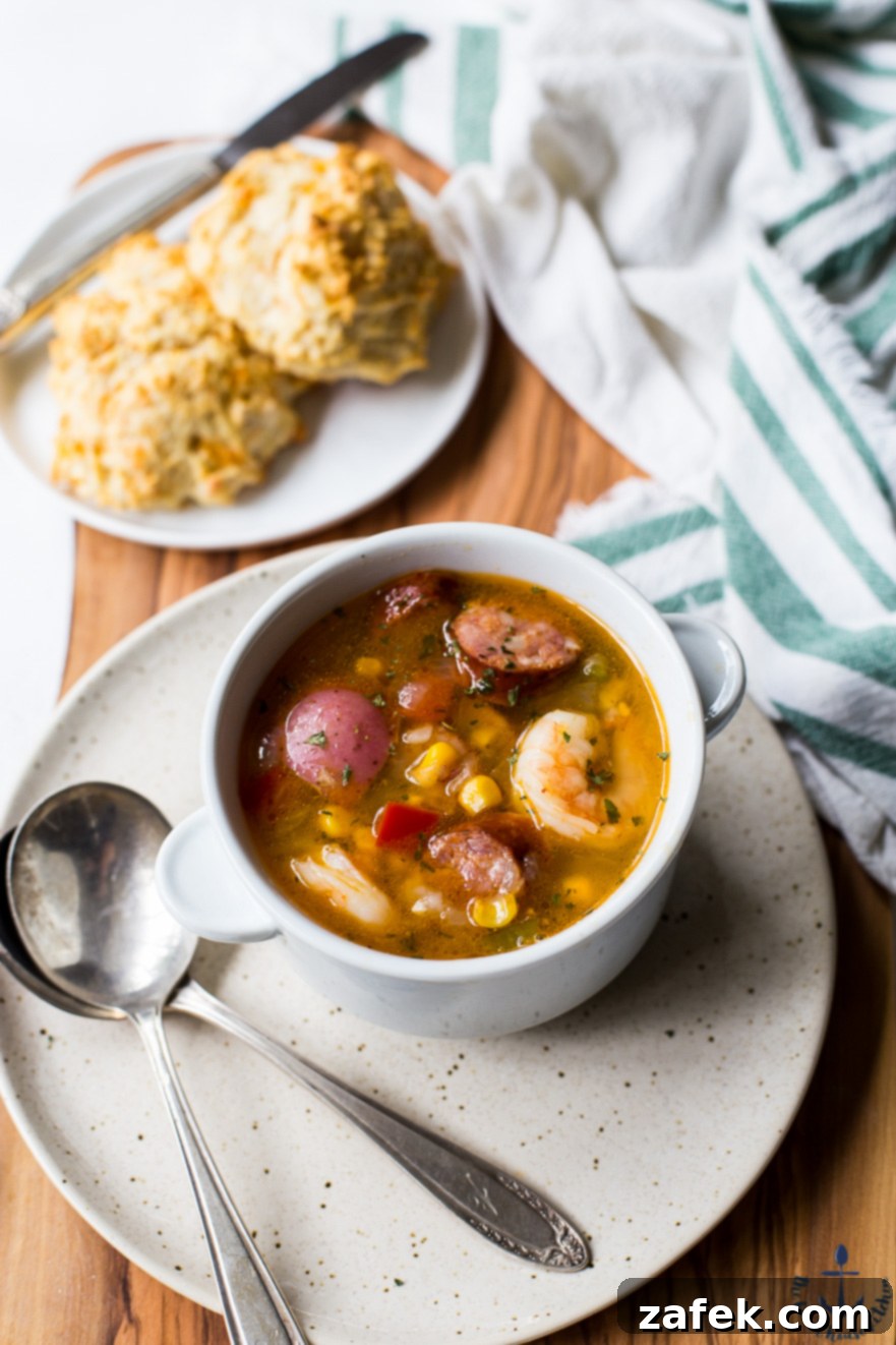 Low Country Boil Soup with rich broth, shrimp, sausage, corn, and potatoes