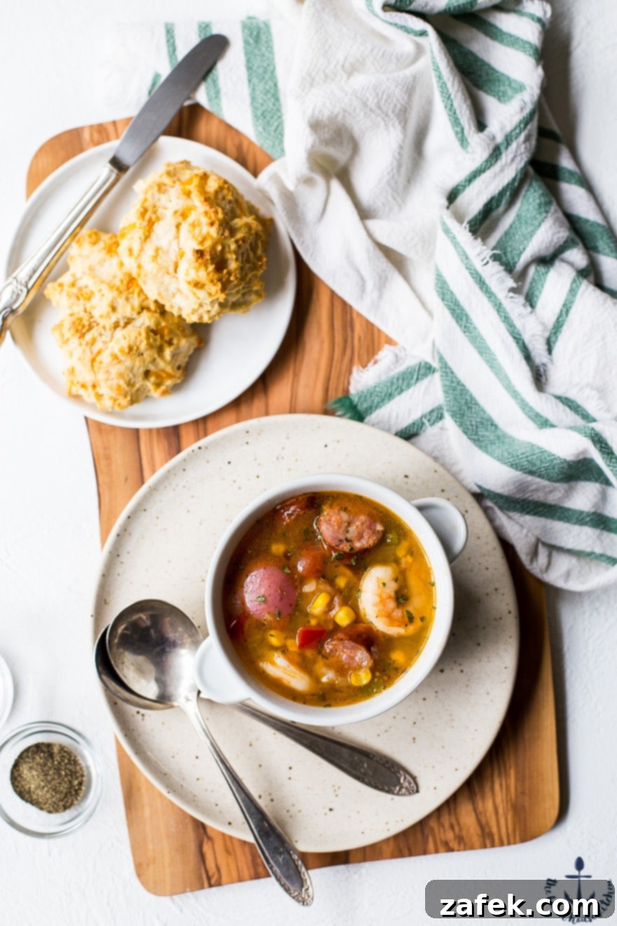 Low Country Boil Soup served in a rustic bowl, ready to eat