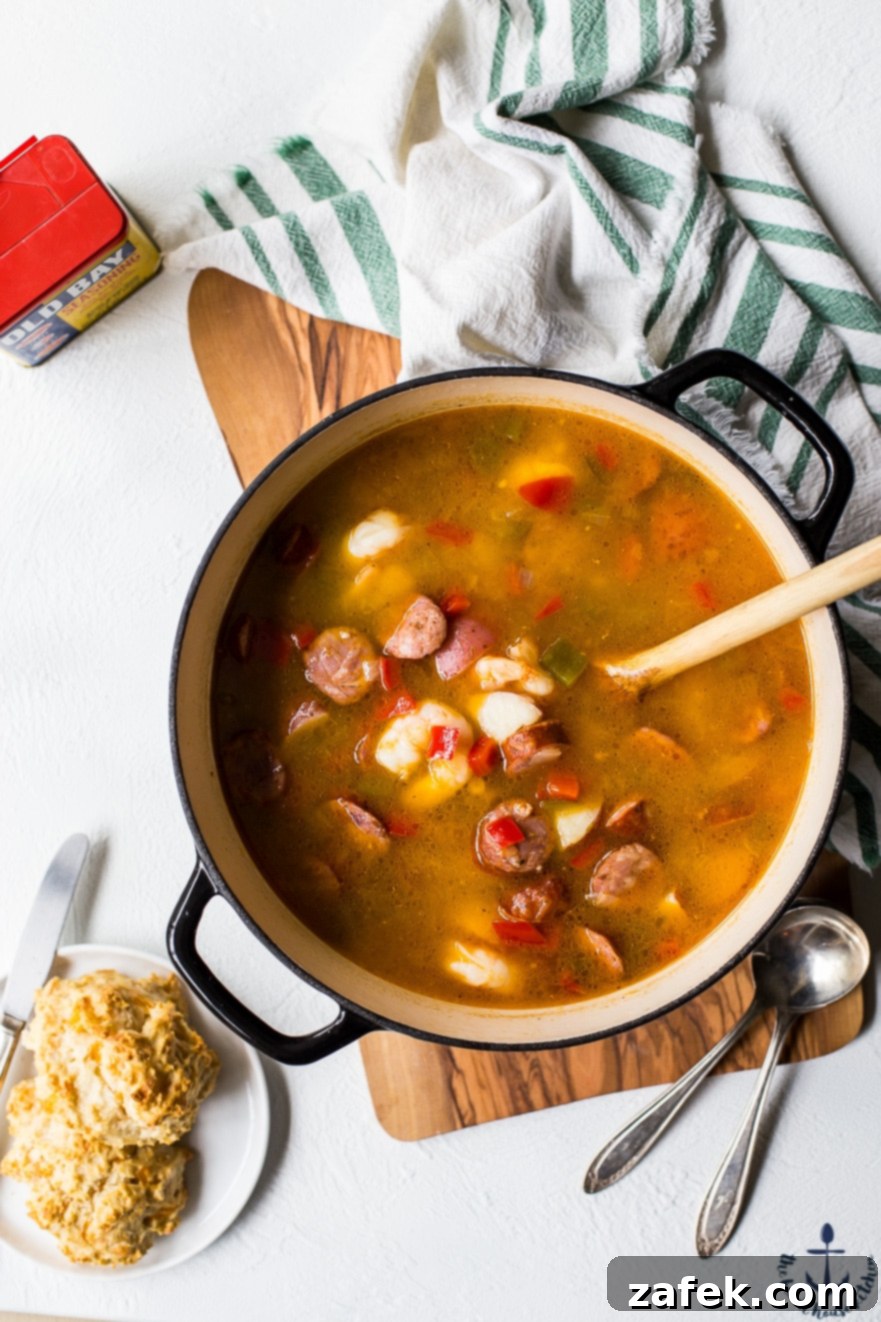 Close-up of Low Country Boil Soup ingredients: corn, shrimp, sausage