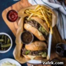 Philly Cheesesteak French Dip 2 Philly French Dip Sandwiches with Peppers, Onions and Deli White American Cheese