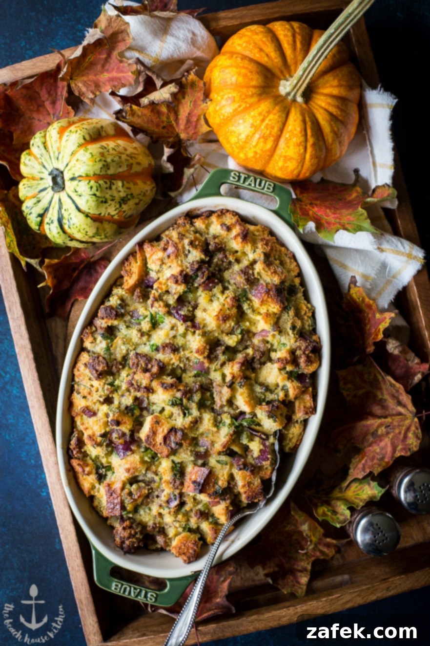 Savory Cornbread and Sourdough Stuffing with Sausage, Red Onion and Fresh Herbs