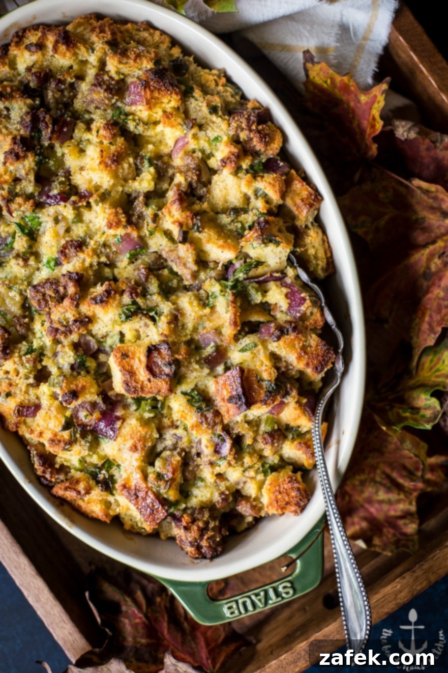 Rustic Cornbread and Sourdough Stuffing with Sausage, Red Onion and Fresh Herbs