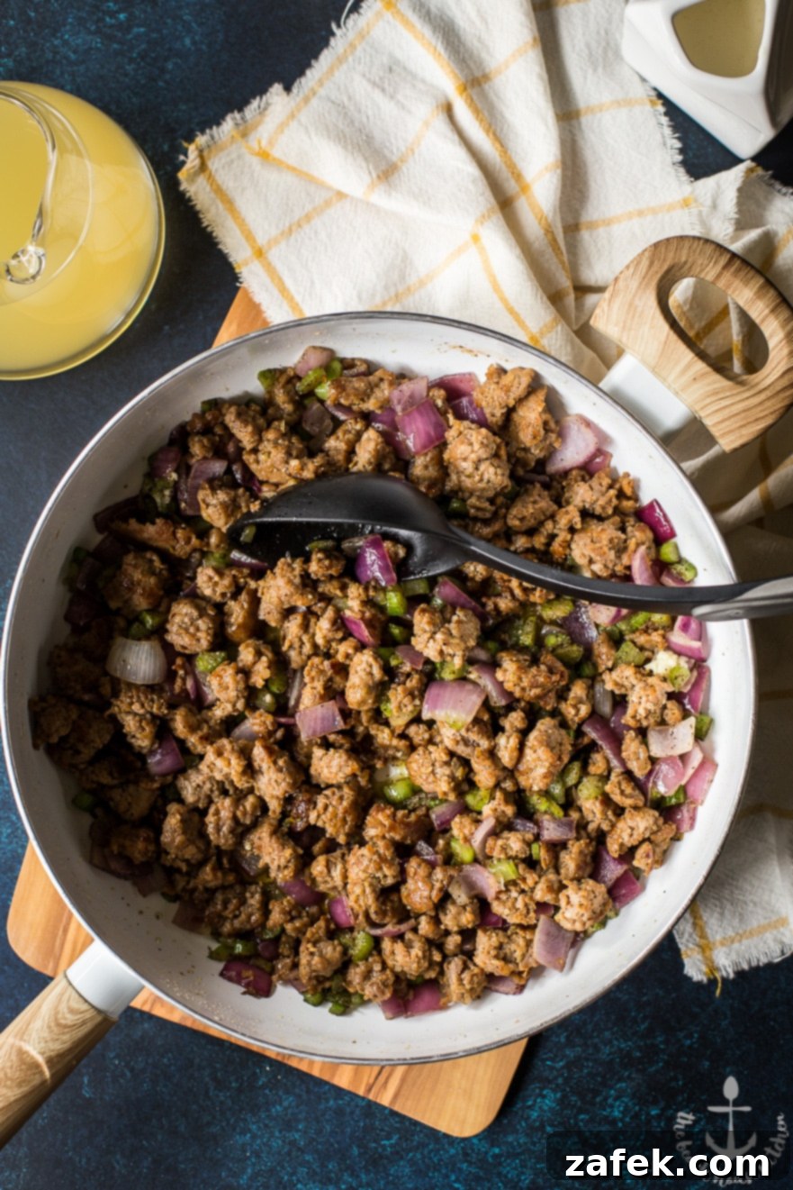 Golden-brown Cornbread and Sourdough Stuffing with Sausage, Red Onion and Fresh Herbs