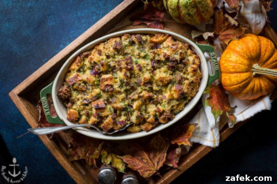 Platter of Cornbread and Sourdough Stuffing with Sausage, Red Onion and Fresh Herbs