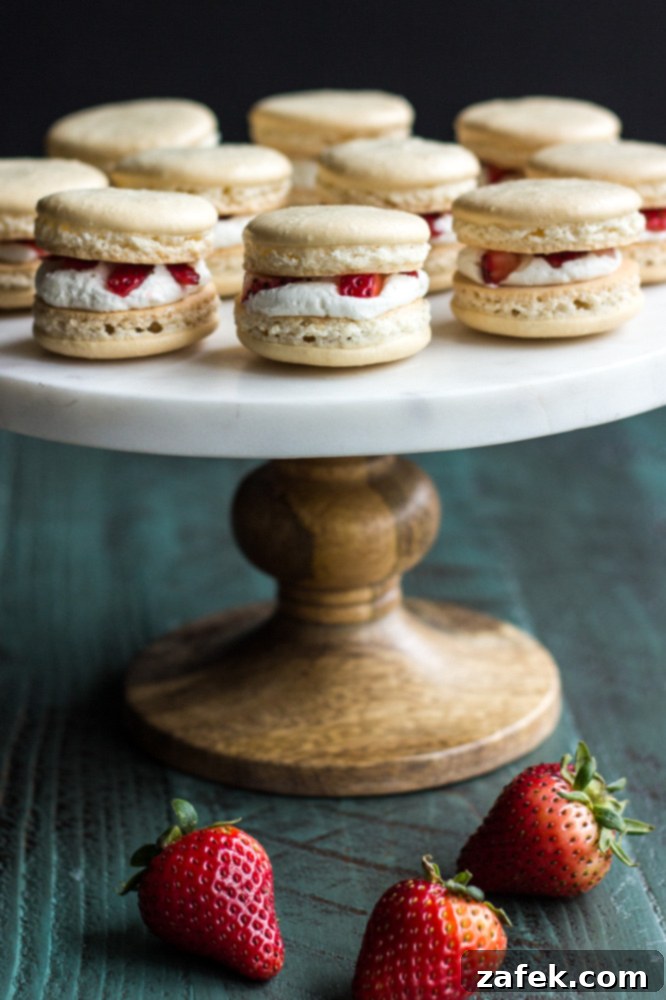 Strawberry Shortcake Macaron Dreams 2 Strawberry Shortcake Macarons presented on a big tray with a few fresh strawberries under it