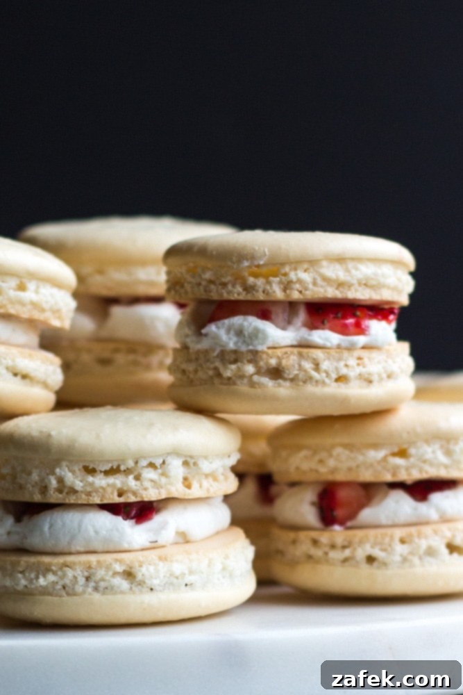 Strawberry Shortcake Macaron Dreams 6 Side view of the Strawberry Shortcake Macarons stacked on top of each other