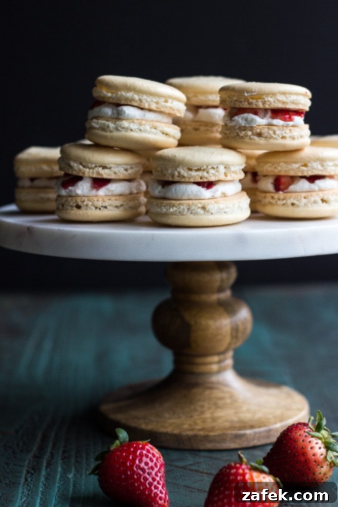 Strawberry Shortcake Macaron Dreams 7 Beautiful Strawberry Shortcake Macarons presented on a vertical stand with the dark background