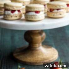 Strawberry Shortcake Macaron Dreams 8 Strawberry Shortcake Macarons presented on a big tray with a few fresh strawberries under it