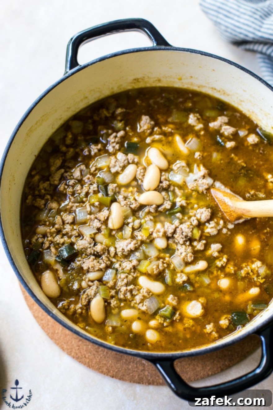 Up close photo of a pot of White Bean Turkey Chili
