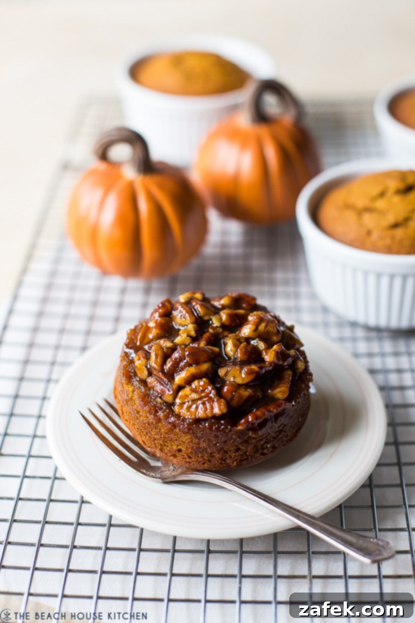 Up close photo of a Mini Pumpkin Praline Upside Down Cakes