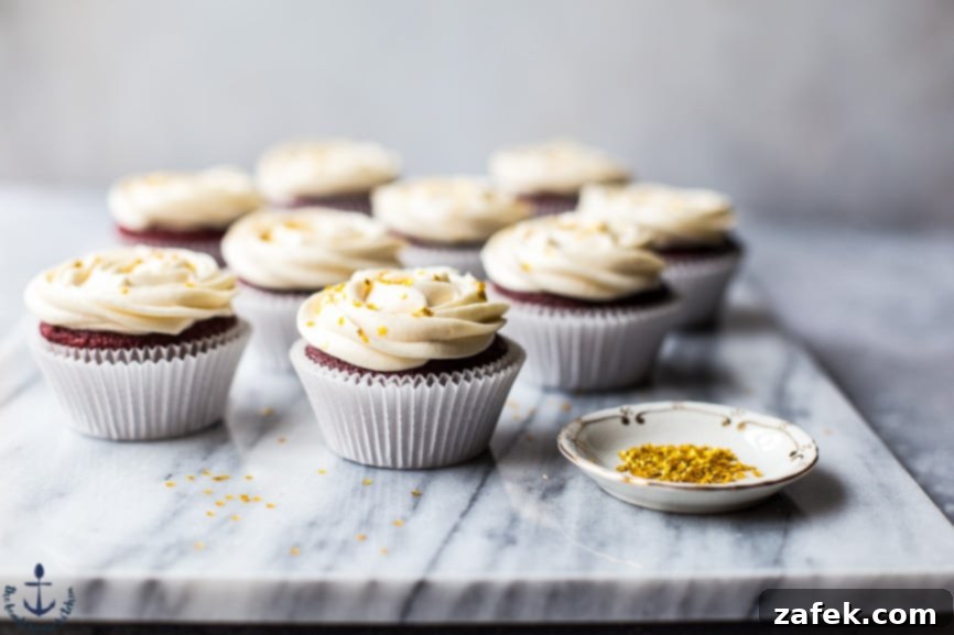 Freshly Frosted Red Velvet Cupcakes A batch of Red Velvet Cupcakes beautifully frosted with Cream Cheese Frosting